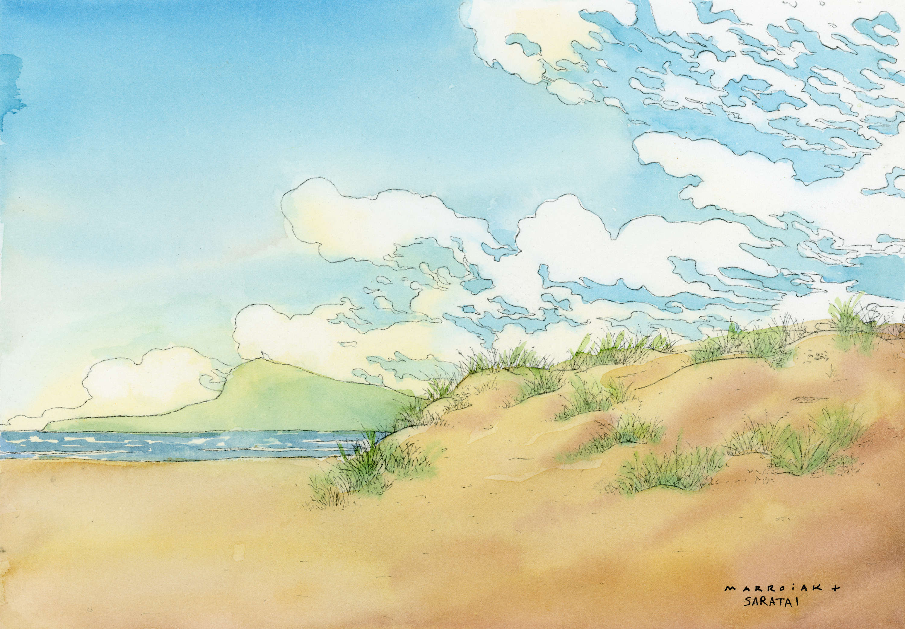 Saratai collaboration auction platja d'oliva montgo watercolor