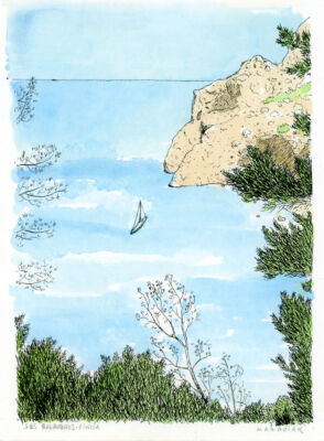 Watercolor original of Ibiza sea cliffs