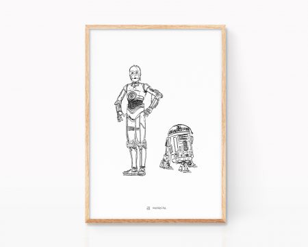 Cuadro decorativo para enmarcar con una lámina ilustración de los robots C3PO y R2D2 de Star Wars. Dibujos en blanco y negro de la Saga La Guerra de las Galaxias. Decoración, pósters y regalos para frikis.