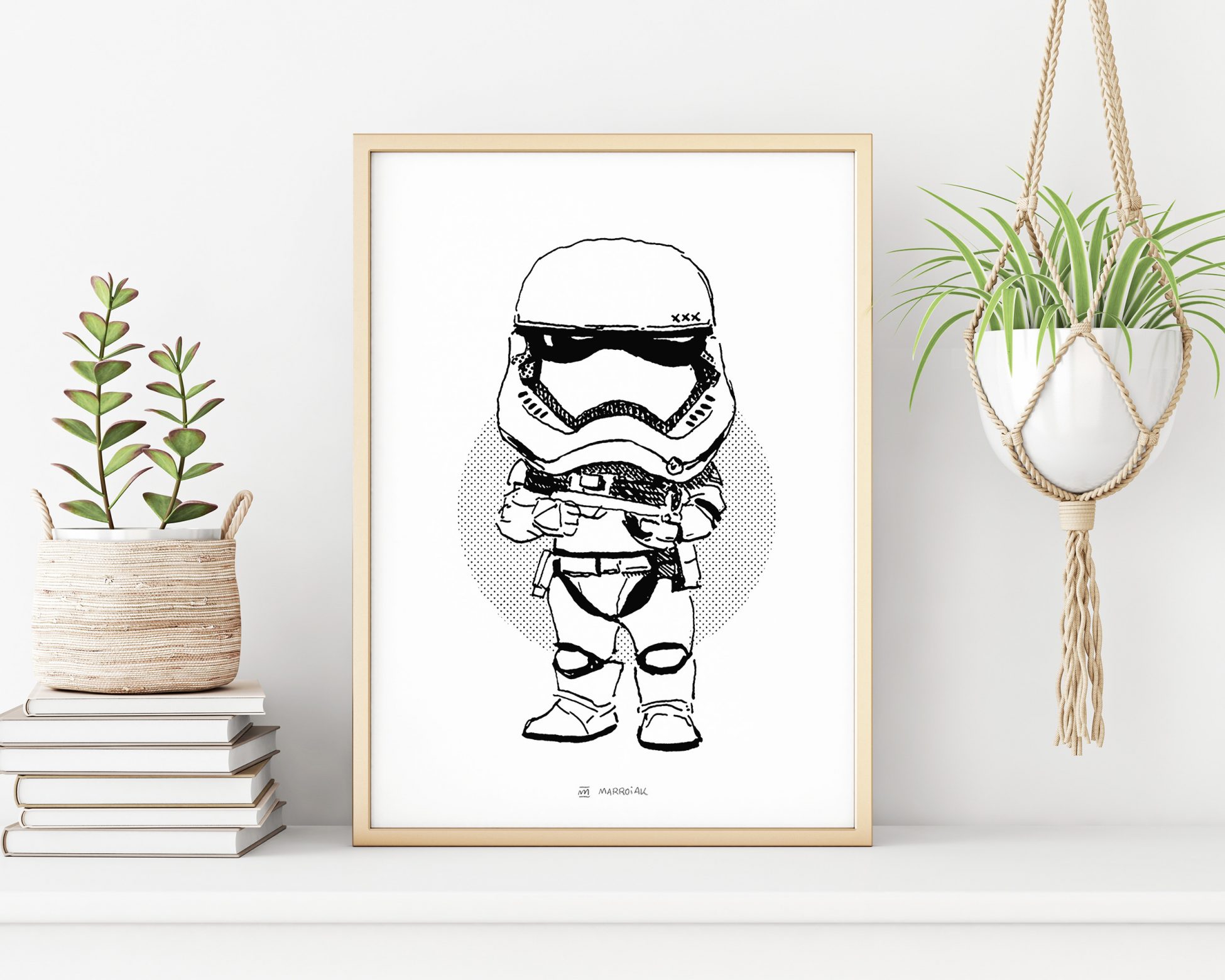 Lámina enmarcada con una ilustración de un Stormtrooper de la saga de películas Star Wars. Dibujo en blanco y negro. Decoración geek.