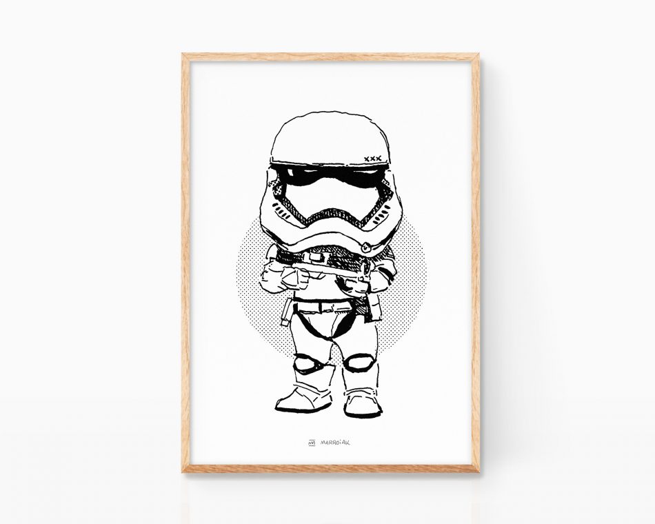 Star Wars wall art prints. Black and white illustration of the Stormtrooper soldier printed on a high quality poster ready to be framed. Minimalist drawing.