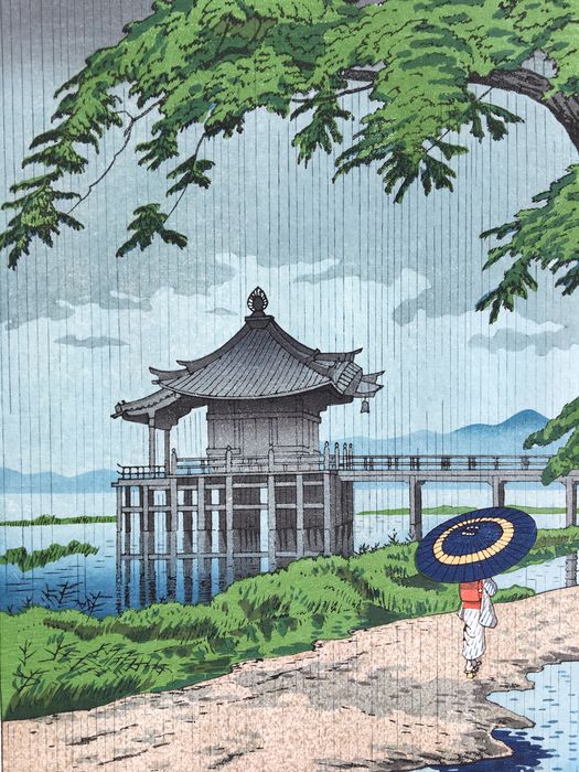 Paisaje ukiyo-e Takeji Asano. Templo y lluvia