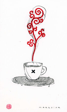 Taza de cafe con humo rojo