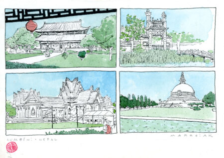 Templos budistas en lumbini dibujo original