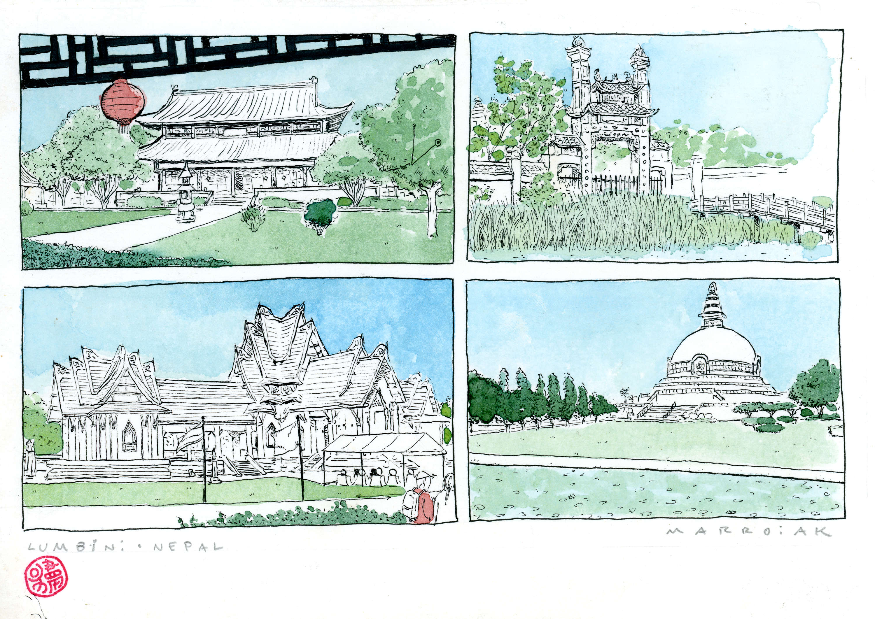 Templos budistas en lumbini dibujo original