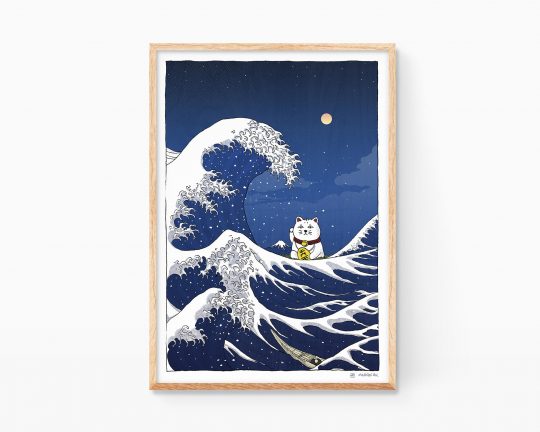 La Gran Ola de Kanagawa. Cuadro decorativo para enmarcar con una ilustración print de la gran ola japonesa. Obra maestra del ukiyo-e de Katsushika Hokusai. Lámina con el gato japonés de la suerte (Maneki Neko). Versión de noche. Paisajes del mar