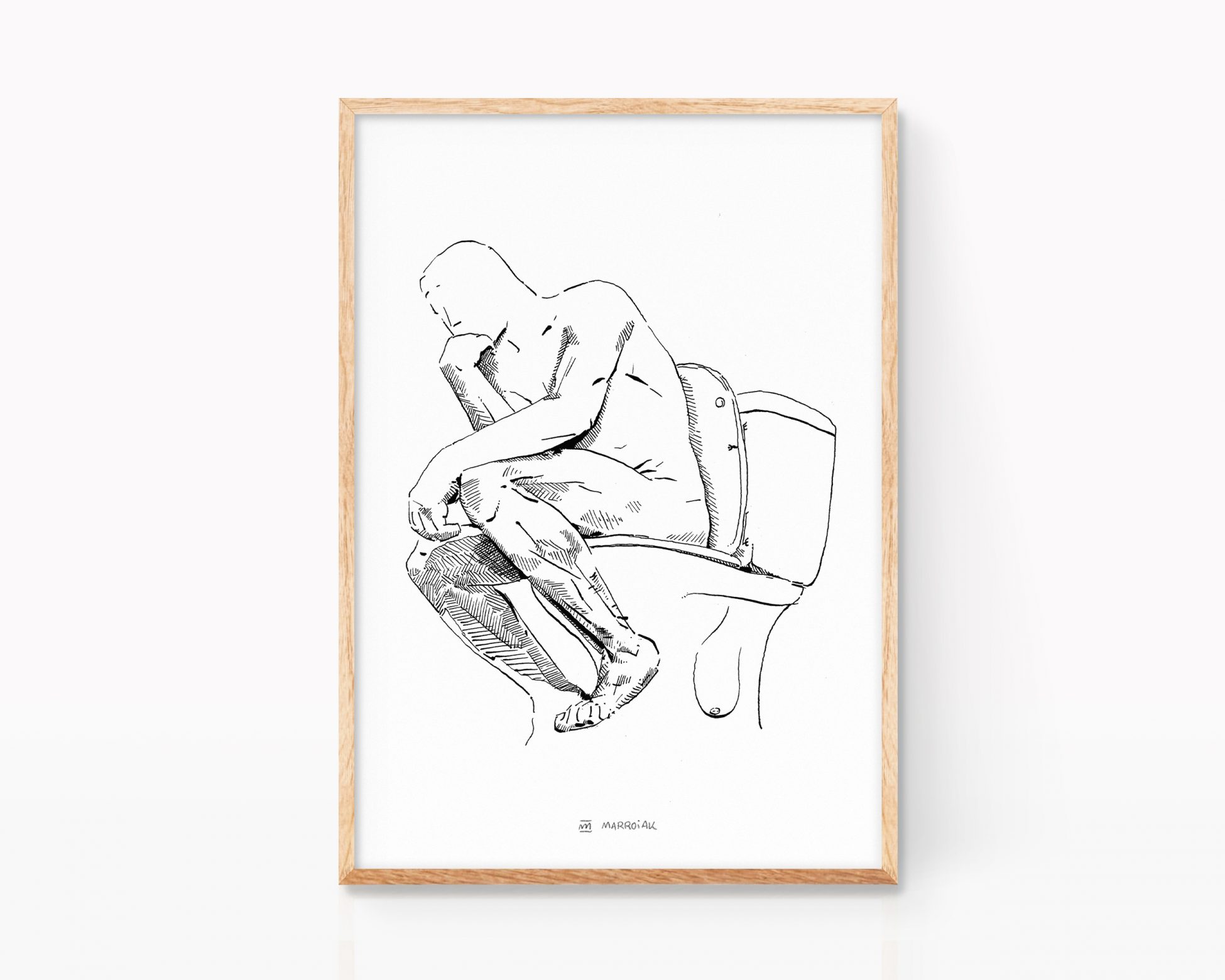 Bathroom wall decor. Black and white illustration print of the thinker by Auguste Rodin. Art remixes posters.