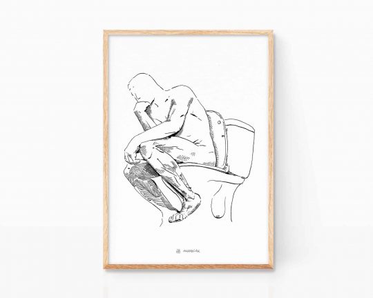 Lámina (print) decorativa para enmarcar con una ilustración de la escultura de Auguste Rodin El Pensador. Cuadro un dibujo en blanco y negro para cuartos de baño. Decoración Arte contemporaneo