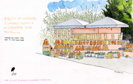 Tienda de naranjas en la carretera acuarela original