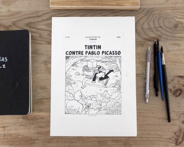 Dibujo original de una comic pastiche de Tintin contra Pablo Picasso. Ilustración en tinta sobre papel. Blanco y negro. Boceto