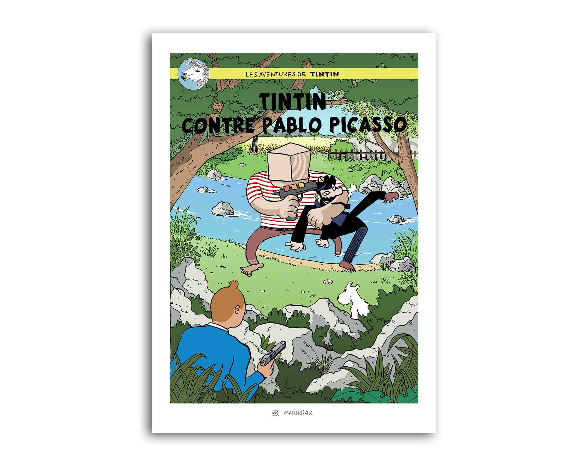 Dibujo de una portada del comic Tintin contra Pablo Picasso. Herge