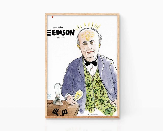 Cuadro con un retrato en acuarela sobre papel de Thomas Edison