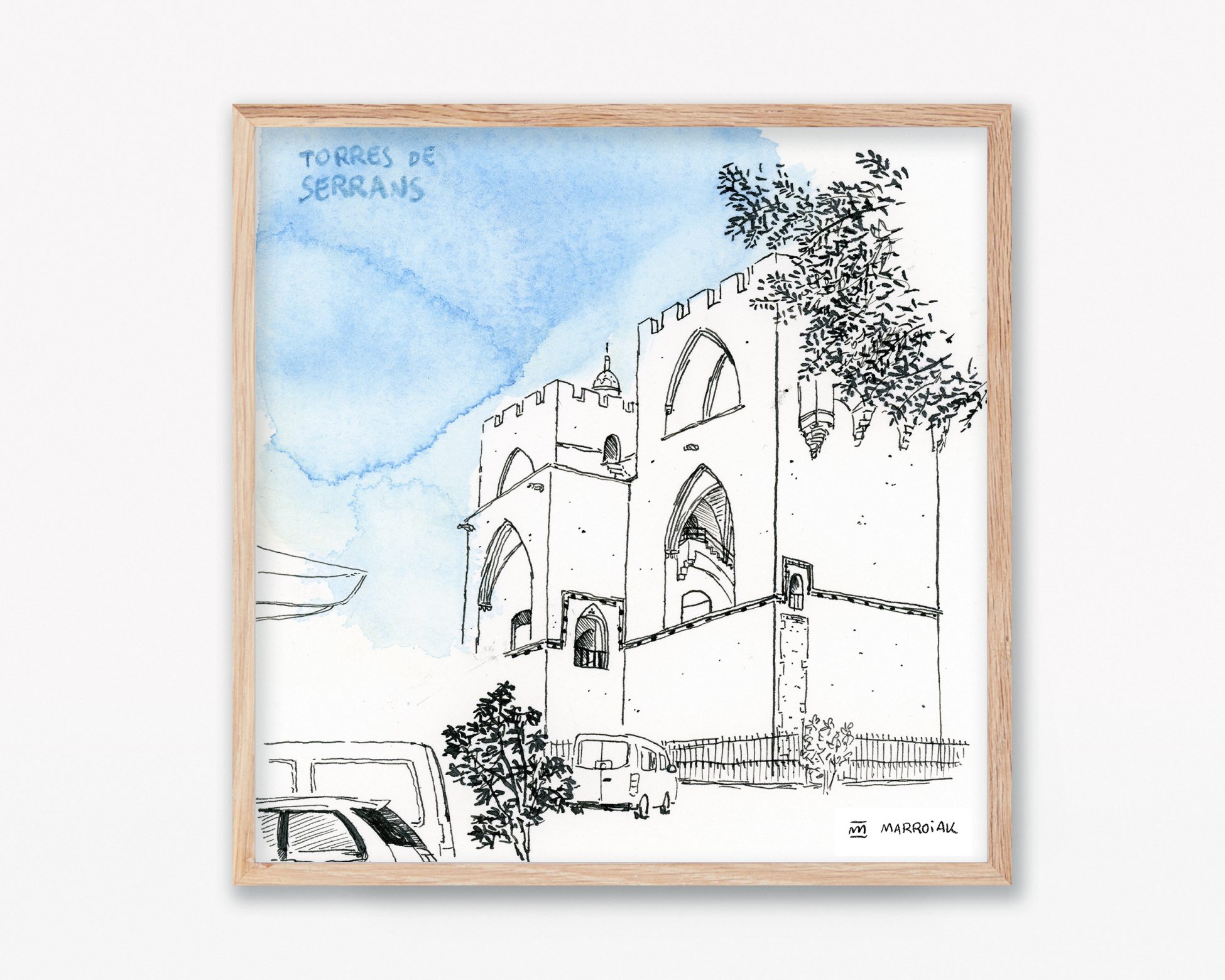 Cuadros de Valencia, ilustración del monumento histórico de las Torres de Serranos. Dibujo en blanco, negro y azul.