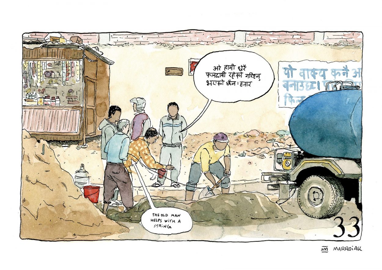 Ilustraciones de dibujos de Nepal e India. Trabajadores en kathmandu estilo cómic de viaje