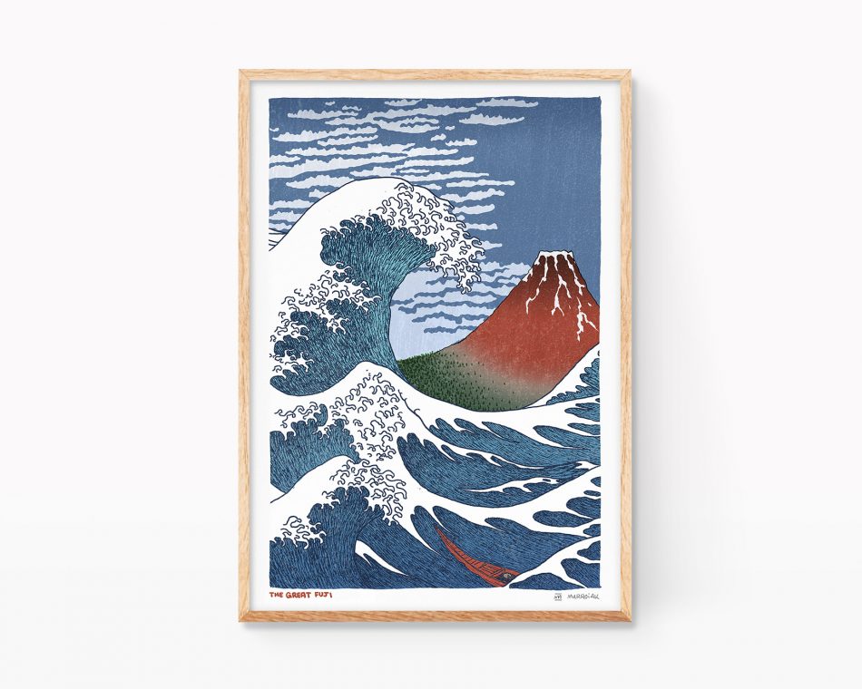 Cuadro decorativo para enmarcar con un dibujo con una estampa japonesa ukiyo-e con un mashup de las obras La gran Ola y el Fuji rojo de Katsushika Hokusai. Pinturas japonesas pop art para salón y pasillos de casas modernas y contemporáneas