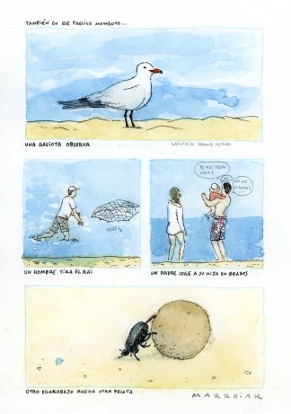 una gaviota y varias cosas en el mar acuarela original detalles