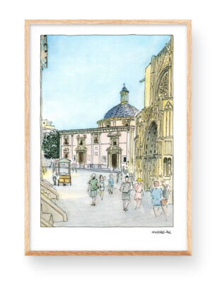 Lámina print con una ilustración de un paisaje de la plaza de la virgen en el barrio del carmen de valencia. Cuadros con dibujos de la Comunidad Valenciana estilo Urban Sketchers. Póster artístico de Marroiak