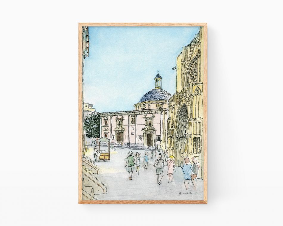 Lámina print con una ilustración de la plaza de la virgen en el barrio del carmen de valencia. Cuadros con dibujos de la Comunidad Valenciana estilo Urban Sketchers. Venta online