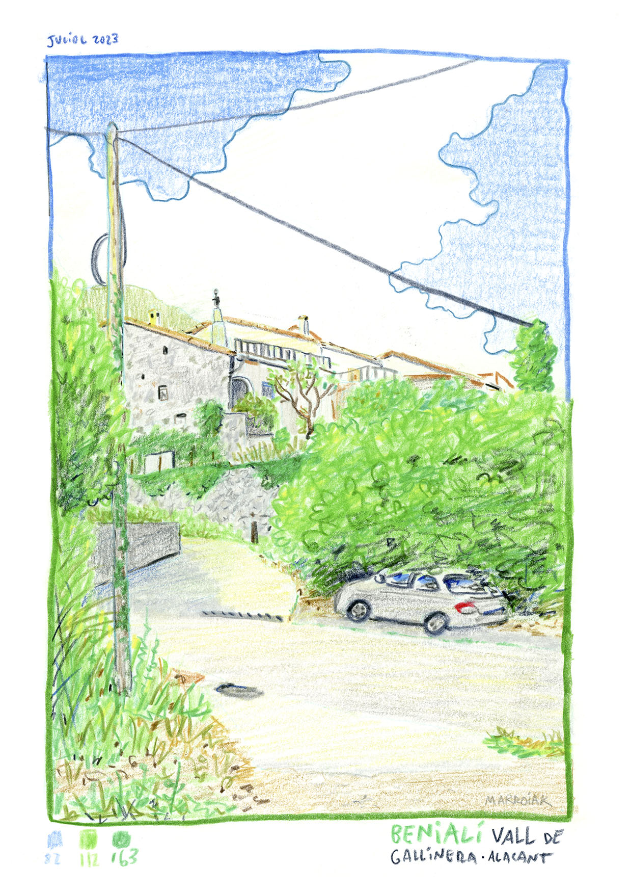 Dibujo con una imagen de Benialí en la Vall de la Gallinera, Marina Alta (Alicante)