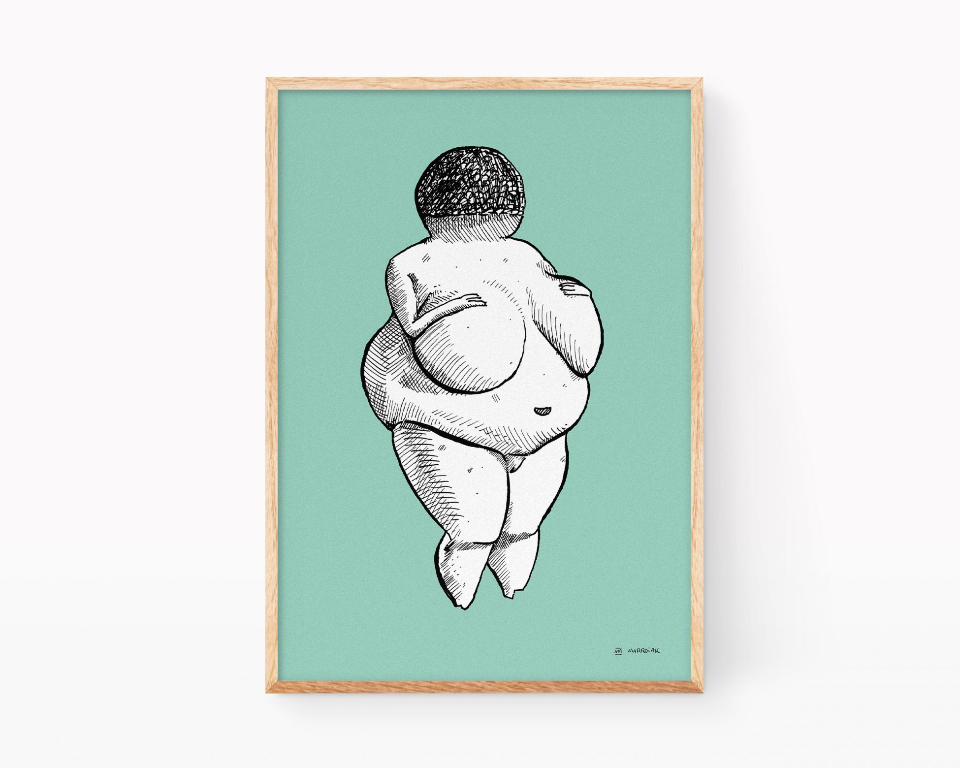 Lámina turquesa Venus de Willendorf. Cuadro decorativo para enmarcar con una ilustración de la escultura de arte primitivo de una mujer embarazada, símbolo de la fertilidad. Dibujos minimalistas en blanco y negro.