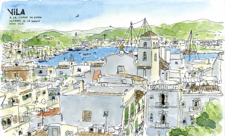 acuarela original paisaje vila y puerto de ibiza