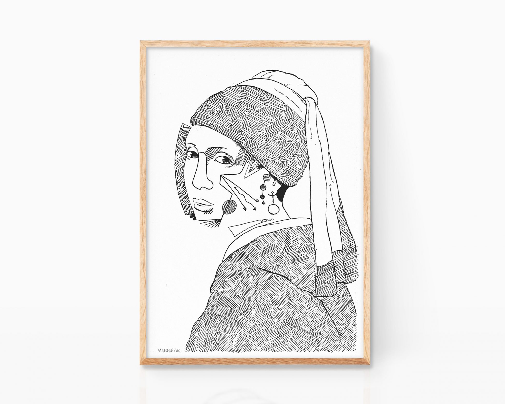 Lámina cuadro decorativo para enmarcar dibujo La joven de la perla Johannes Vermeer. Print Art Remixes dibujo blanco y negro