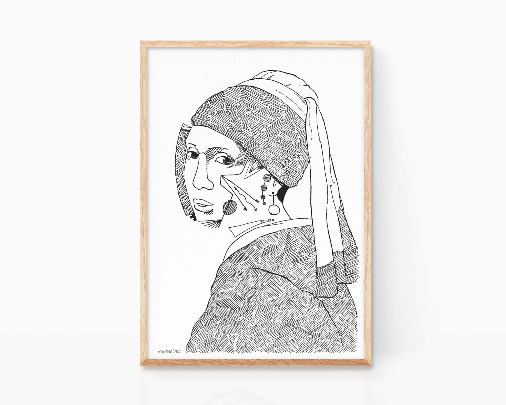 Lámina print dibujo La joven de la perla Johannes Vermeer. Art Remixes dibujo blanco y negro