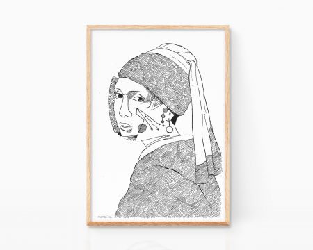 Lámina cuadro decorativo para enmarcar dibujo La joven de la perla Johannes Vermeer. Print Art Remixes dibujo blanco y negro