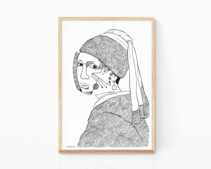 Lámina cuadro dibujo La joven de la perla Johannes Vermeer. Art Remixes dibujo blanco y negro