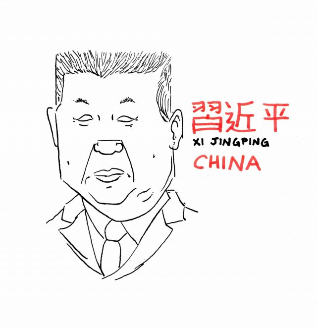 Retrato del mandatario chino xi jinping en blanco y negro y rojo. tinta sobre papel